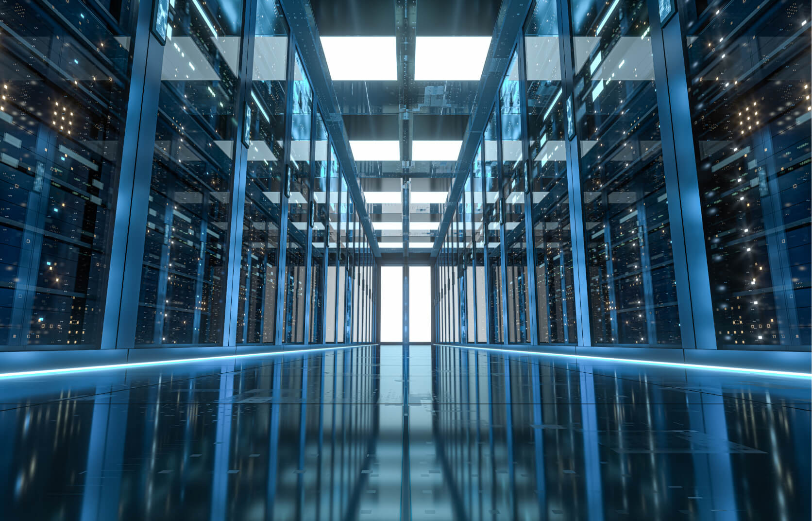 Looking down the hallway of a high tech server and data center